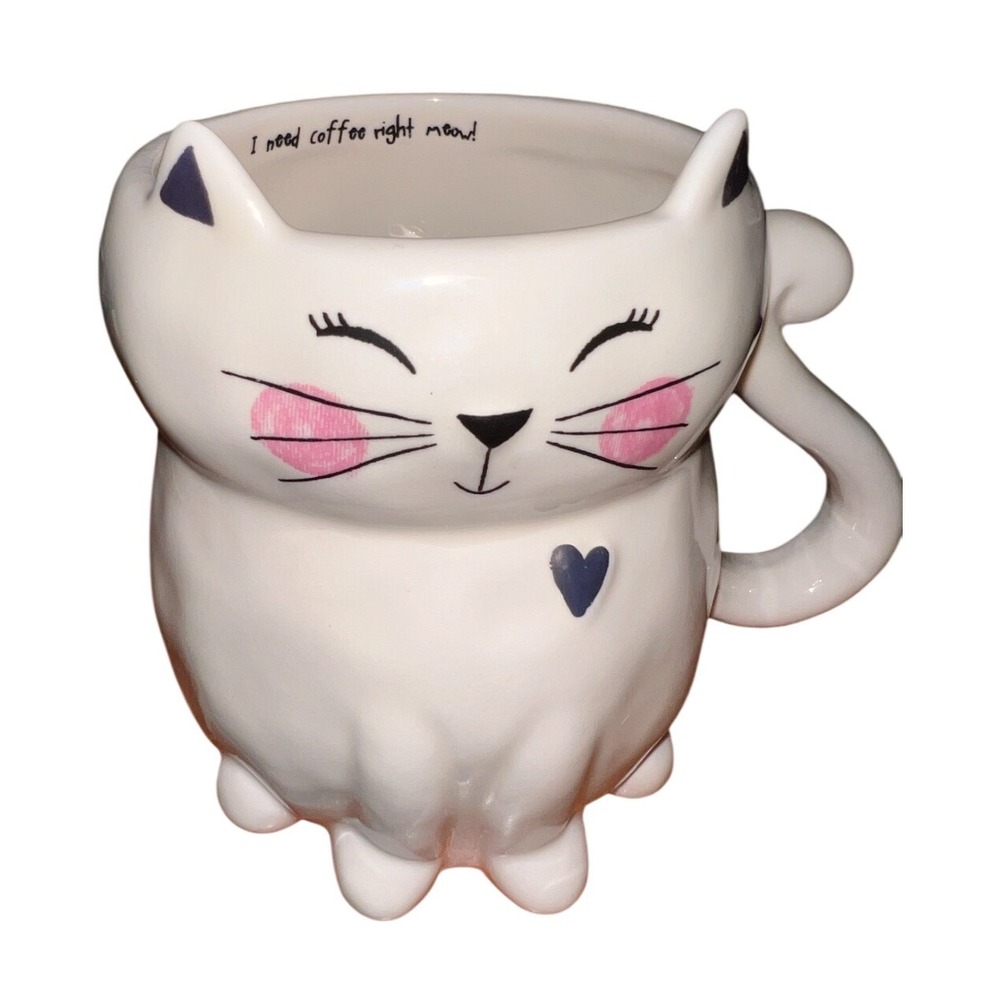 Petal & Pearl Cat Coffee Mug Unisex White Excellent 3D Tail Meow Pun Ceramic New